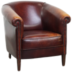 Charmante Rundleren Clubfauteuil In Engelse Stijl Met Een Vast Zitkussen En Een Prachtig Patina thumbnail 1