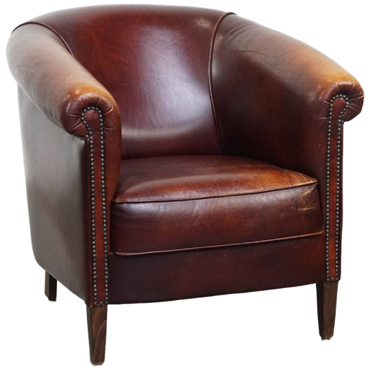 Charmante Rundleren Clubfauteuil In Engelse Stijl Met Een Vast Zitkussen En Een Prachtig Patina 1