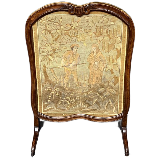 Antiek Haardscherm. Eikenhout, Borduurwerk. 1