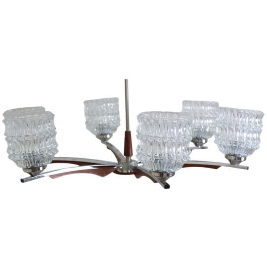 Vintage Plafondlamp, Kroonluchter - Jaren '60, Hout, Glas 1