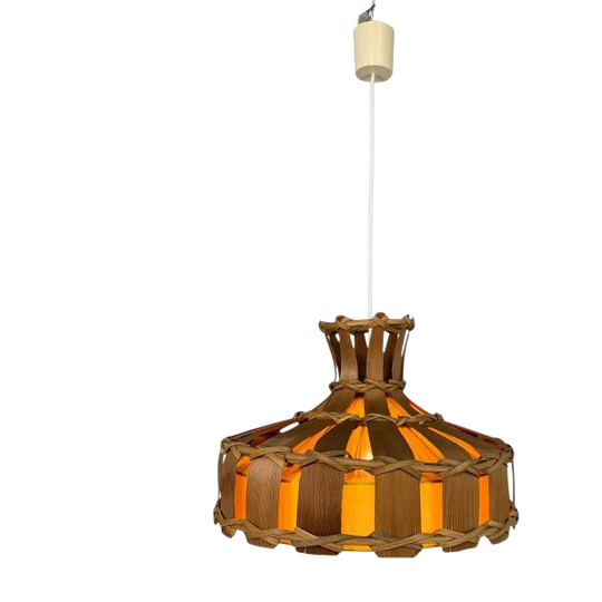 Vintage Hanglamp Met Kap Van Rotan, Palmblad En Stof, Jaren 70 1