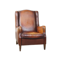 Prachtig Gekleurde, Stoere Vintage Schapenleren Fauteuil Met Een Hoge Rug En Afgewerkt Met Zwarte