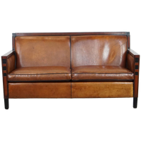 Geweldige Schapenleren 2 Zits Art Deco Design Bank Met Hout En Met Zwarte Biezen