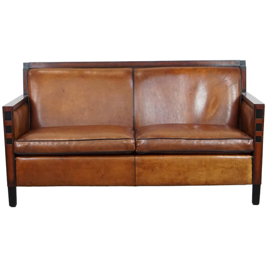 Geweldige Schapenleren 2 Zits Art Deco Design Bank Met Hout En Met Zwarte Biezen 1