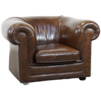 Grote, Correct Afgewerkte Vintage Donkere Gladde Rundleren Engelse Stijl Chesterfield Fauteuil thumbnail 1