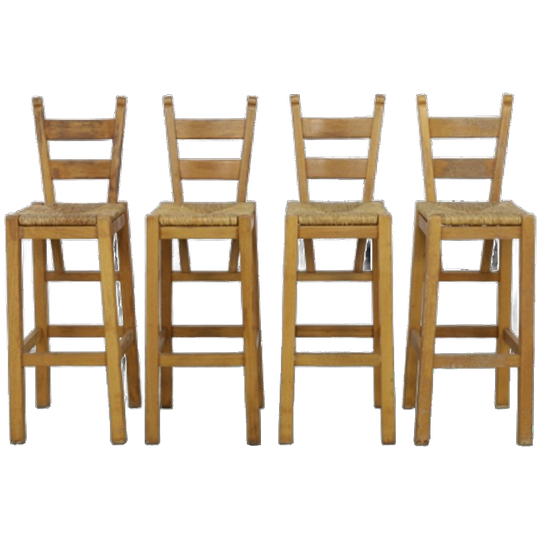 4x Vintage Barkruk Hout & Riet, 1970s 1