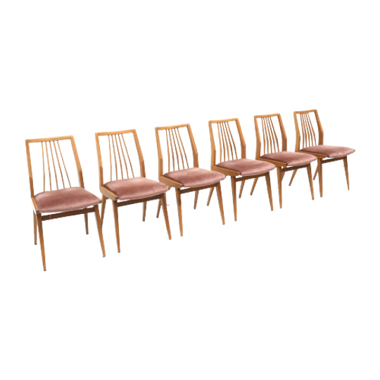 Set Van 6 Vintage Stoelen / Spijlenstoelen Met Roze Fluwelen Bekleding Gemaakt In De Jaren '60 1