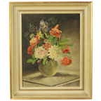 Bloemen In Vaas Stilleven Schilderij Olie Op Doek Ingelijst Gesigneerd thumbnail 1