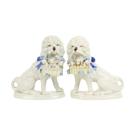 Koppel Honden Poedel Beelden Porselein 19de Eeuw Jugendstil Duitsland 1