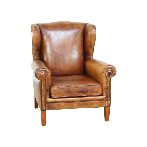 Stoere En Karakteristieke Grote Schapenleren Oorfauteuil Met Een Mooi Patina