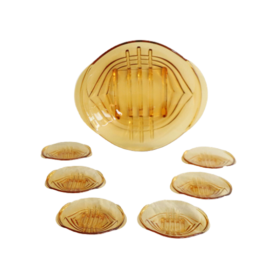 Vintage Set Van 7 In Amberkleurig Persglas Art Deco, Tsjechische Jaren '30 1