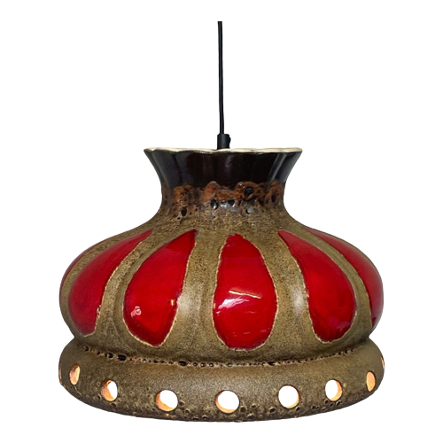 Fat Lava - Ufo Shaped Ceramic Hanging Pedant - Midcentury - Germany - Boho - Red And Beige