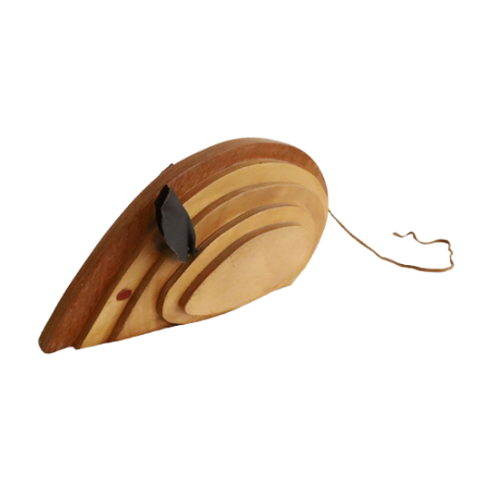 Vintage Grote Houten Muis Met Leren Oren, Jaren '70 1