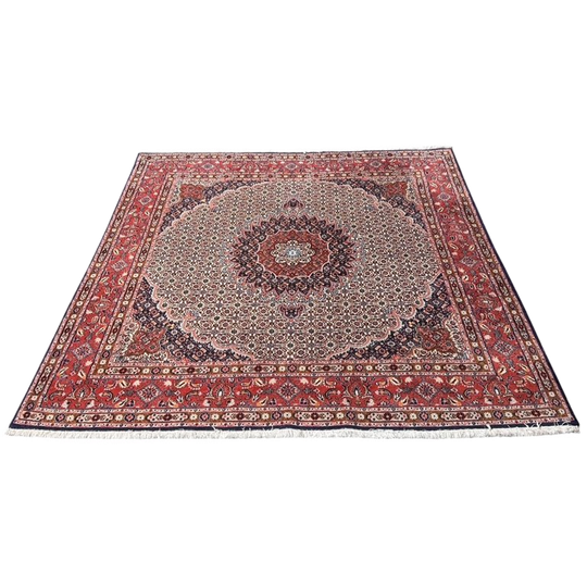 Handgeknoopt Moud Vloerkleed Vierkant 192X197Cm Wol Zijde Blauw Rood Perzisch Tapijt Wit 1