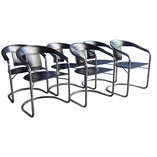 6 Vintage Chrome & Leer Eetstoelen- A Rizzatto, Italië 1