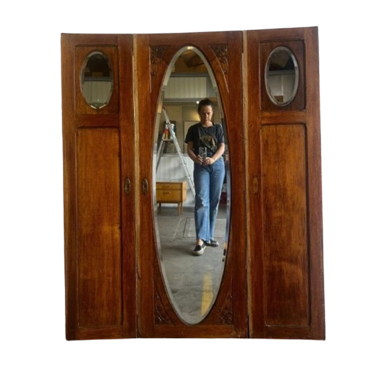 Vintage Drieluik Spiegel / Retro Oude Houten Wandspiegel 1