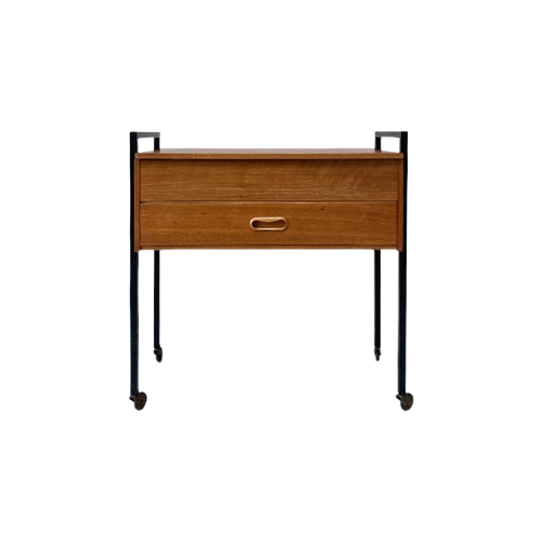 Vintage Houten Kastje Op Wielen Met Lade En Klep 1
