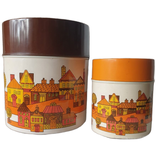 Retro Japanse Blikken Jaren 70 Oranje Bruine Huisjes 2st 1
