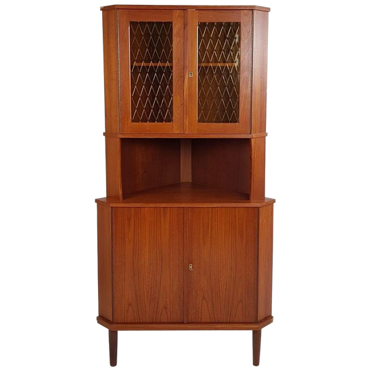 Vintage Hoekkast Hoek Teak Fineer Glas Vitrine 1