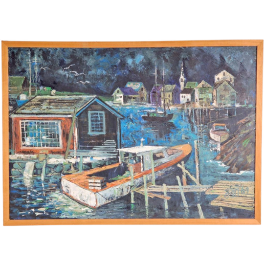 Schilderij Boot Haven Verf / Doek ‘60 Mid Century Lijst Art 1