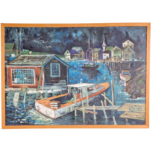 Schilderij Boot Haven Verf / Doek ‘60 Mid Century Lijst Art