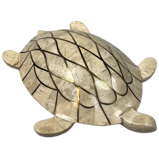 Vintage Travertin Schildpad, Ingelegd Met Messing. 1980's 1