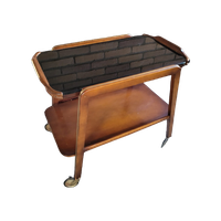 Mid Century Serveerwagen Teakhout Met Zwart Glas