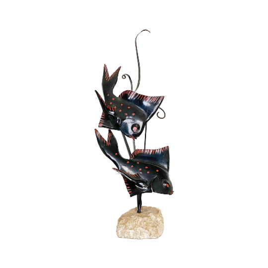 Vintage Metalen Vis Sculptuur Op Een Steen, Hollywood Regency Decoratie 1