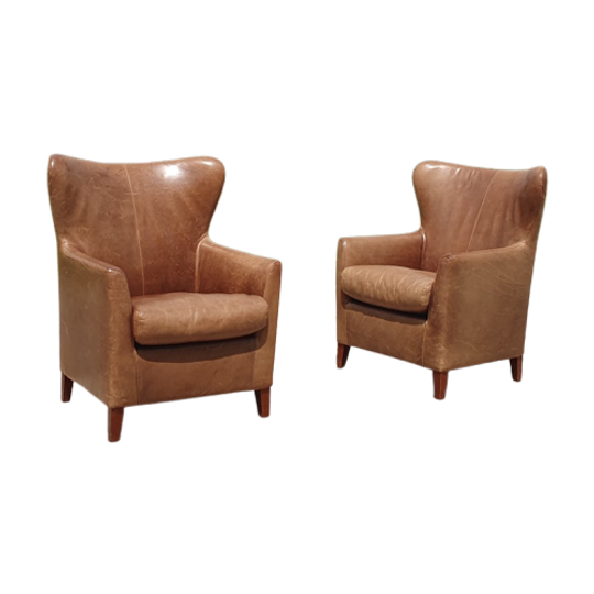Set 2x Oorfauteuil Bruin Leer - Machalke 1