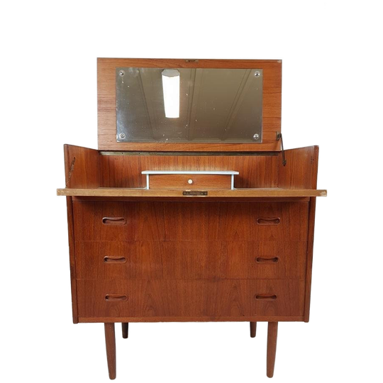 Vintage Secretaire | Kaptafel Teak Fineer Ladekast Spiegel 1
