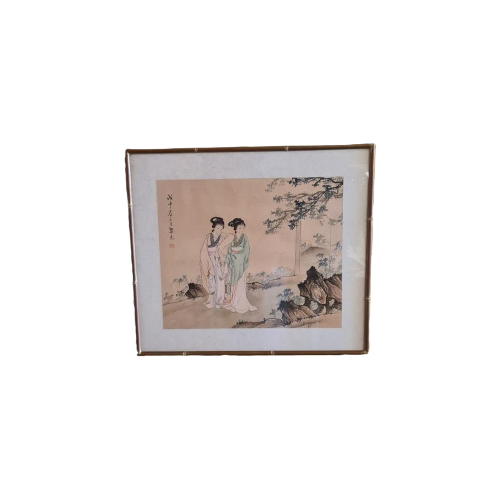 Chinese Aquarel Op Zijde Van 2 Geisha'S Circa 1950