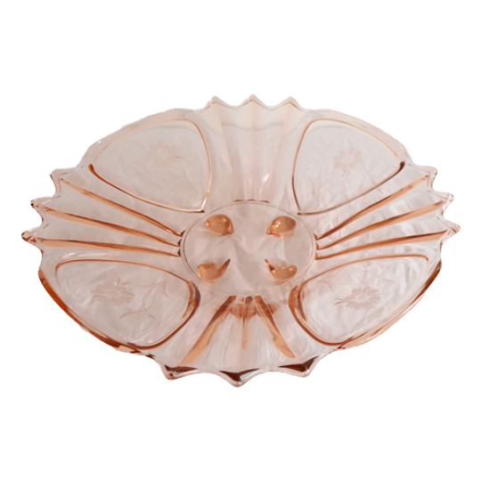 Vintage Persglas Schaal In Roze Met Bloemen Motief, Jaren '50 1