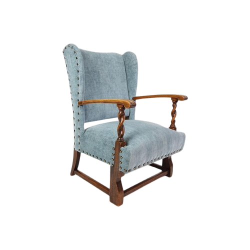 Brocante Blauwe Rookstoel | Antiek Blauwe Fauteuil