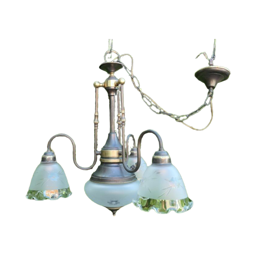 Antieke Koperen Lamp Met Geslepen Glazen Kapjes Bloem