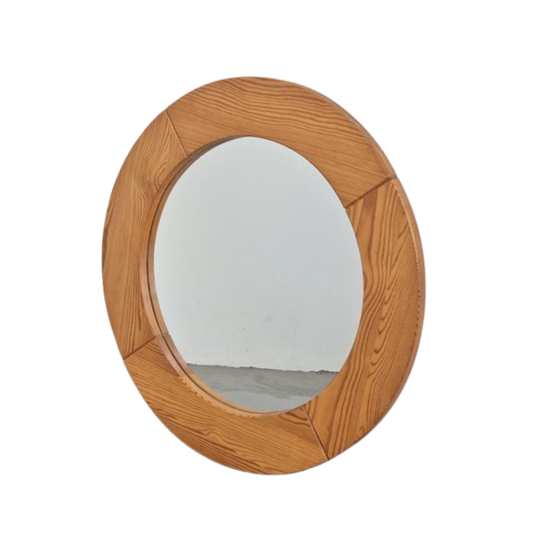 Vintage Pine Wood Ronde Spiegel Scandinavisch ’70 Retro 1