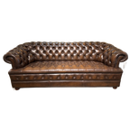 Engelse Chesterfield 3 Zits Bank Buttonseat Antiek Bruin Leer thumbnail 1