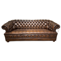 Engelse Chesterfield 3 Zits Bank Buttonseat Antiek Bruin Leer