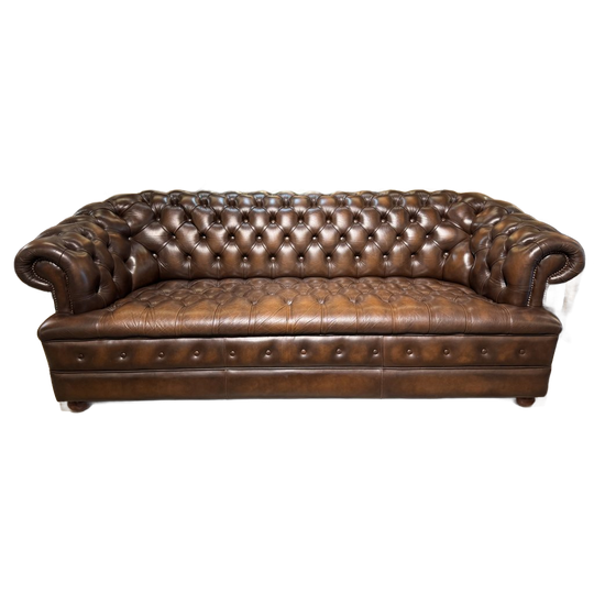 Engelse Chesterfield 3 Zits Bank Buttonseat Antiek Bruin Leer 1