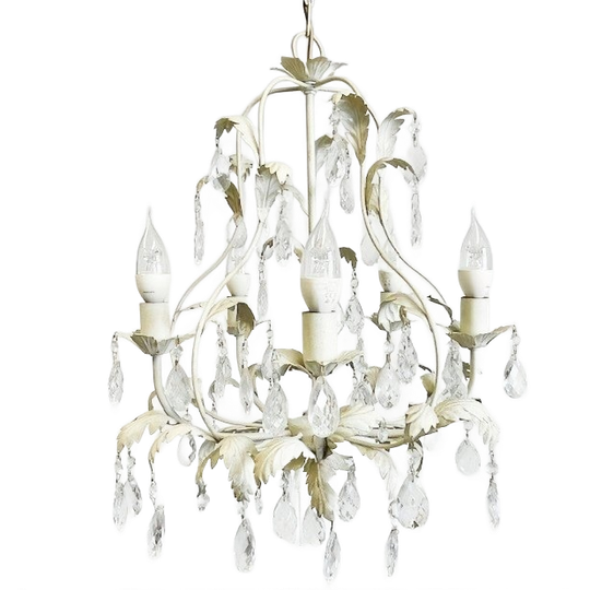 Vintage Italiaanse Kroonluchter Metaal Kristal Rococo Stijl Crème Wit 1970’s 1