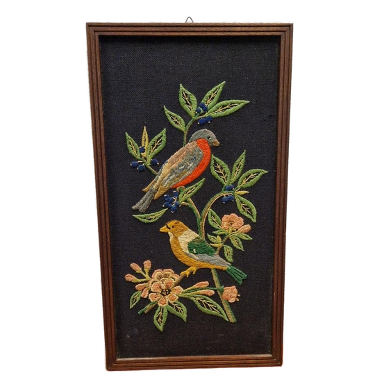 Vintage Schilderij Borduurwerk Vogel Lijstje Jaren 50 1