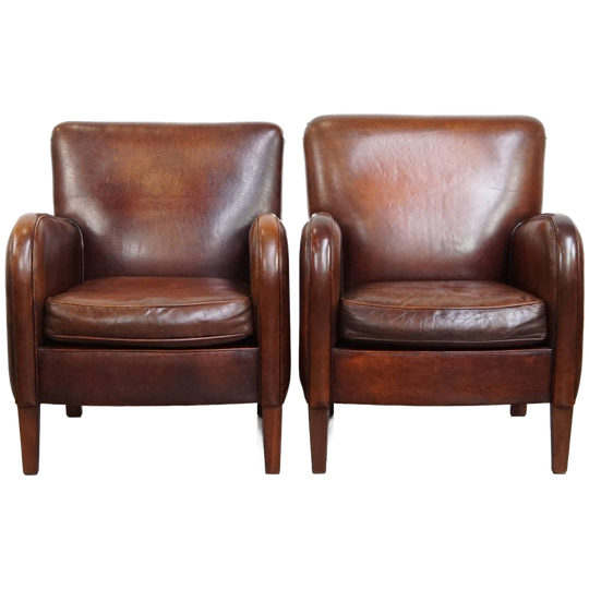 Karaktervolle Set Van 2 Schapenleren Fauteuils/ Armchairs Met Een Mooi Patina En Warme Kleuren 1