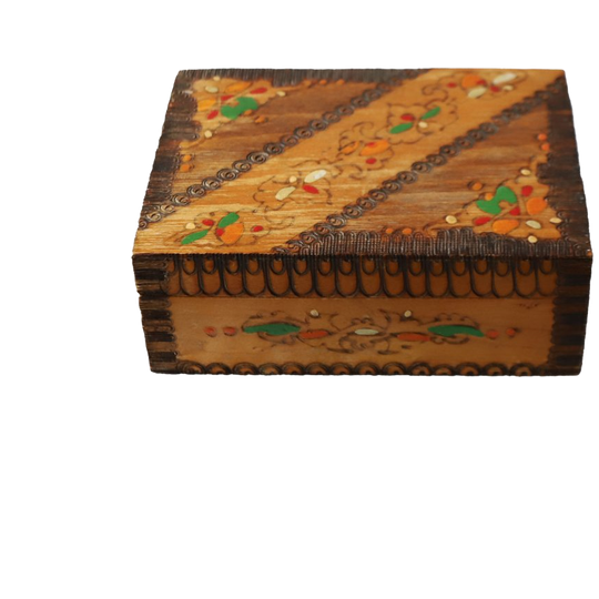 Vintage Houten Doos Versierd Met Oranje/wit/groenen Bloem, Jaren '70. 1