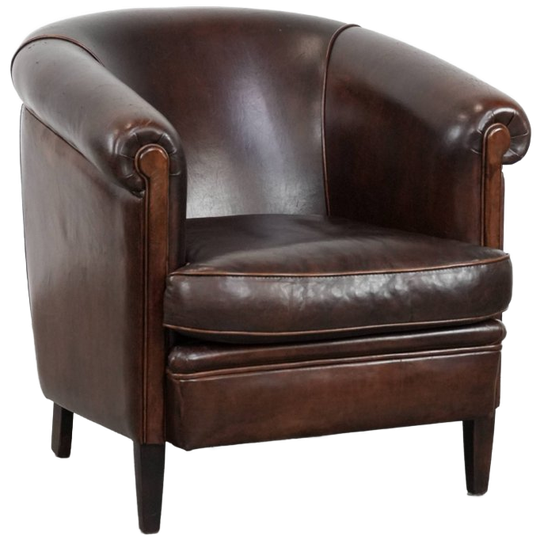 Karaktervolle Donkerbruine Vintage Clubfauteuil In Engelse Stijl Gemaakt Van Schapenleer 1