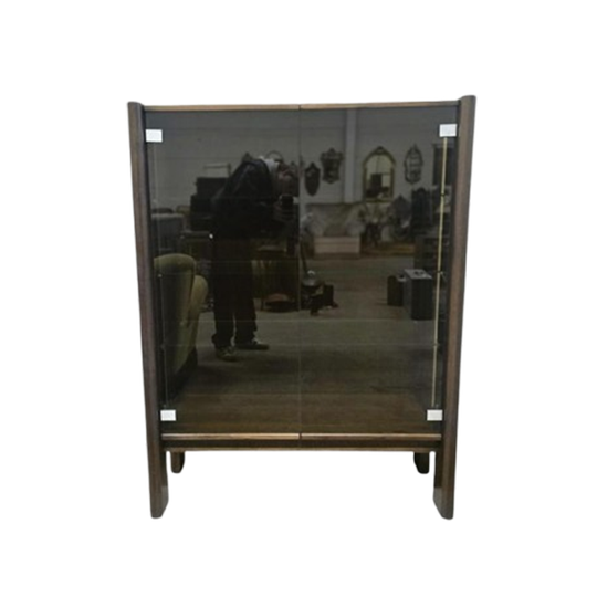 Vintage Massief Houten Vitrinekast Met Fumé Glas 1