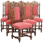 Leuke Antieke Set Van 6 Hollandse Eetkamerstoelen Met Mooi Houtsnijwerk En Rode Stoffen Bekleding thumbnail 1