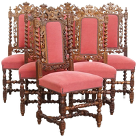 Leuke Antieke Set Van 6 Hollandse Eetkamerstoelen Met Mooi Houtsnijwerk En Rode Stoffen Bekleding