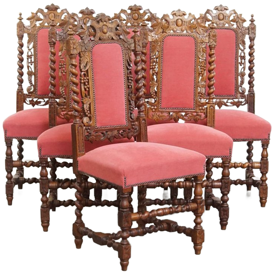 Leuke Antieke Set Van 6 Hollandse Eetkamerstoelen Met Mooi Houtsnijwerk En Rode Stoffen Bekleding 1