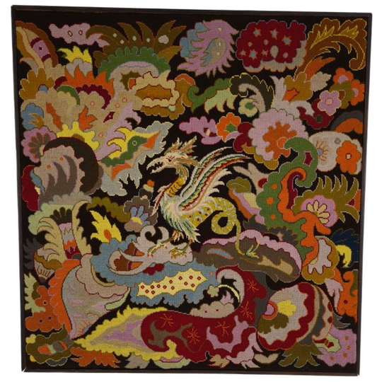 Origineel Frans Handgeborduurd Textiel – Griffin & Bloemmotief – Ca. 1930–1940 1