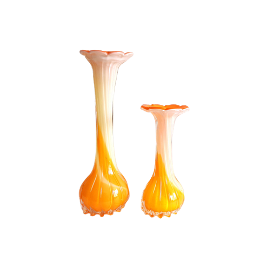 Soliflore Één Bloemsvaas In Opaline Glas Oranje/wit, Italie Jaren '70 1
