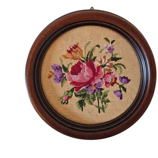 Vintage Borduur Werkje In Ronde Lijst Bloemen 1